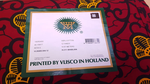 Tissu VLISCO Wax Hollandais - Rouge / Jaune BRANCH